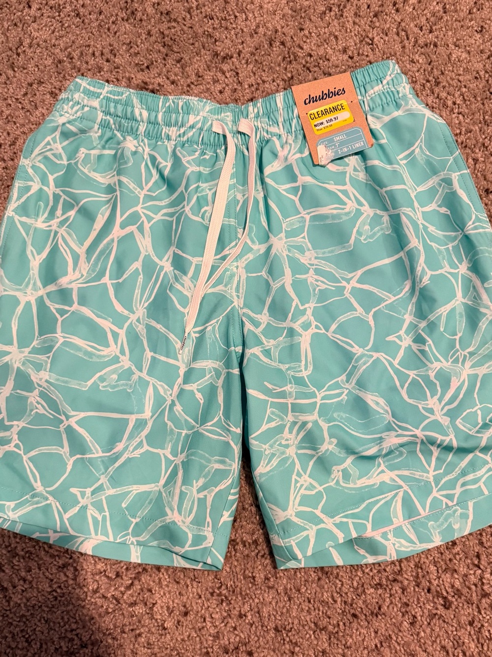 chubbies Aqua and White Abstract Rope Pattern Swim Trunks
